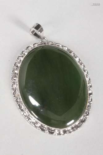 Spinach Jade and Silver Pendant,