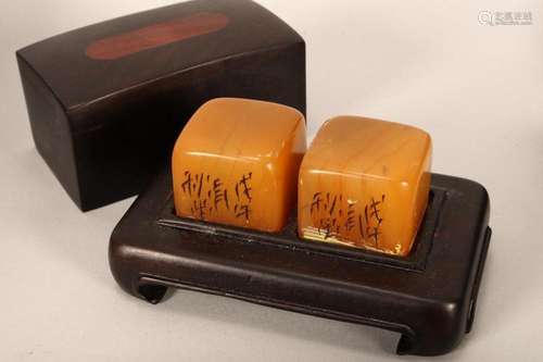 Boxed Pair of Chinese Orange Stone Seals,