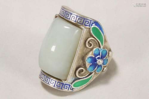 Chinese Jade and Enamel Silvered Ring,