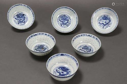 Set of Six Chinese Blue and White Porcelain Bowls,