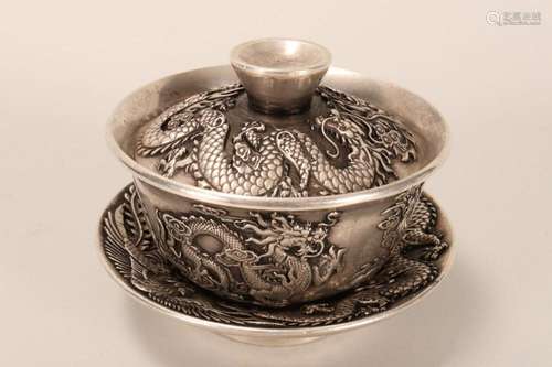 Chinese Silvered Metal Bowl, Cover and Saucer,