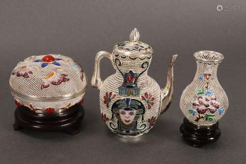 Three Chinese Silver Filigree and Enamel Items,