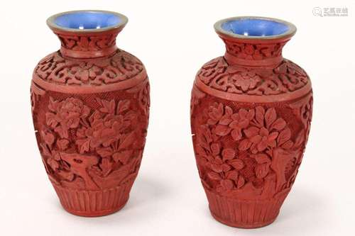 Pair of Chinese Cinnabar Coloured Vases,