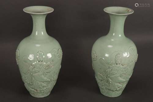 Pair of Chinese Celadon Glaze Vases,