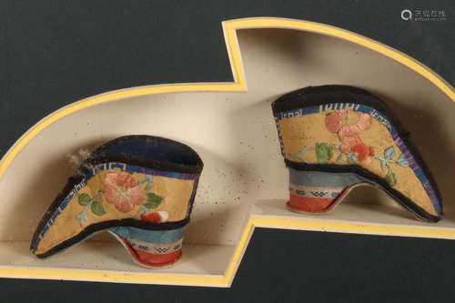 Framed Pair of Chinese Foot Binding Shoes,