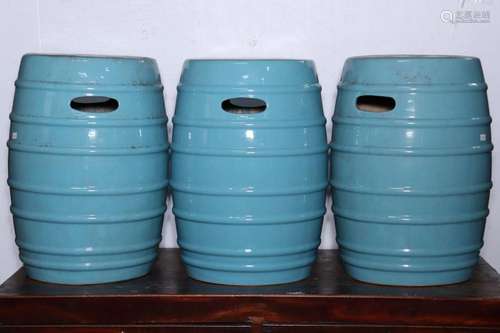 Three Chinese Blue Glaze Tabourets,