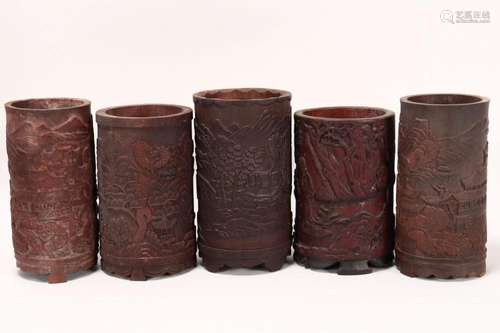 Five Chinese Bamboo Brush Pots,