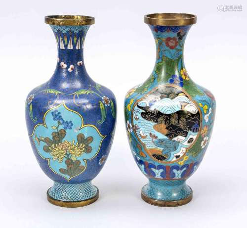 2 enamel cloisonné vases, China, c.