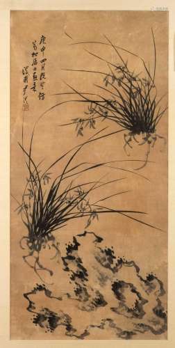 Hanging scroll of orchis with rocks