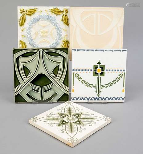 5 Art Nouveau tiles, around 1900.