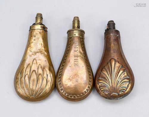 3 Powder flasks, 19th century, bra