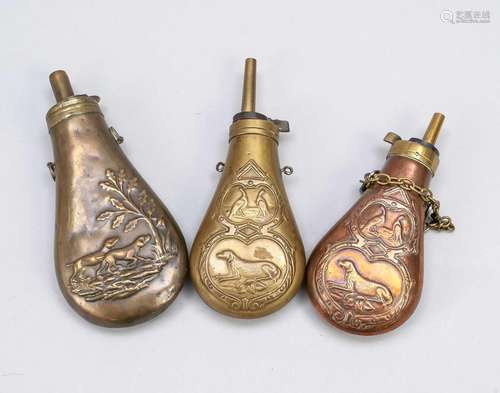 3 powder flasks, 19th century, bra