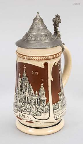 Berlin beer mug with pewter lid, A