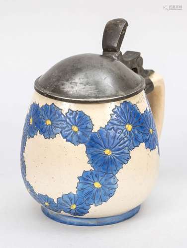 Stoneware jug with tin lid mountin