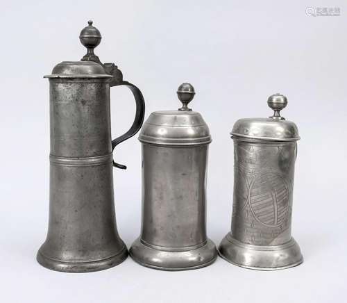 Three lidded tankards, 18th/19th c