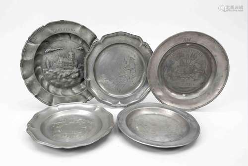 5 pewter plates, 18th/19th century