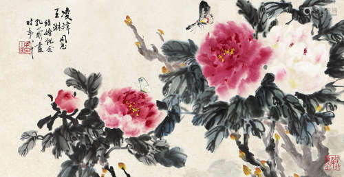 现代孔小瑜（1899-1984）牡丹横幅镜片