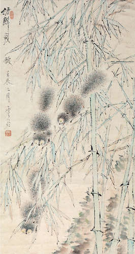 清代虚谷（1823-1896）翠竹松鼠立轴