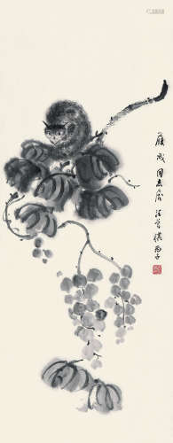 现代汪曾祺（1920-1997）松鼠葡萄立轴