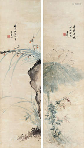 清代潘曾莹（1808-1878）花卉立轴二轴