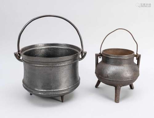 2 cast iron pots, 18th/19th c., on