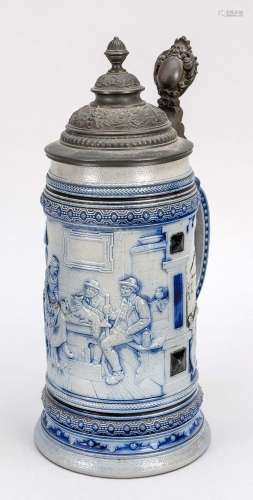 Stoneware jug with pewter lid moun
