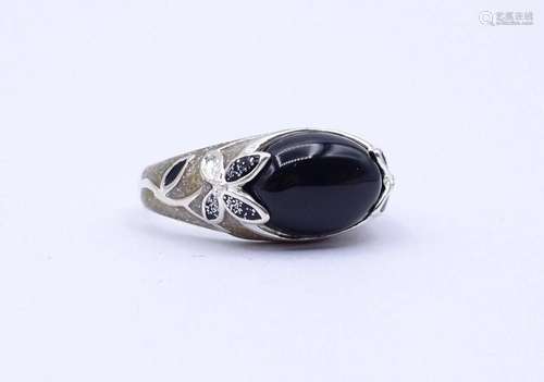 SILBER RING 0.925 MIT OBSIDIAN, 6,2G., RG 62