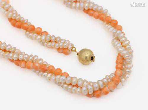 3-row necklace made of cultured fresh water pearls and angel...