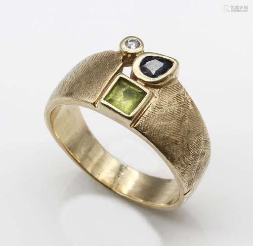 14 kt gold ring with coloured stones and diamond