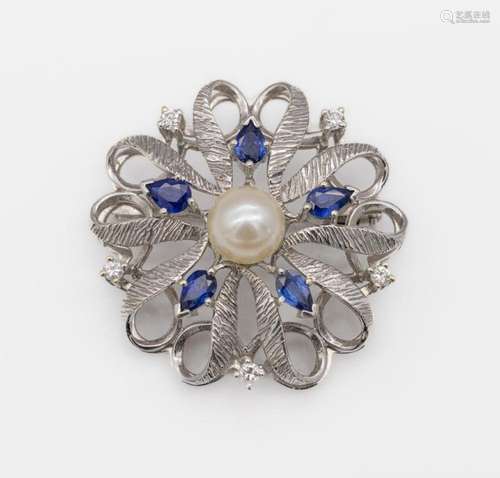 18 kt gold cultured pearls-sapphire- brilliant-brooch