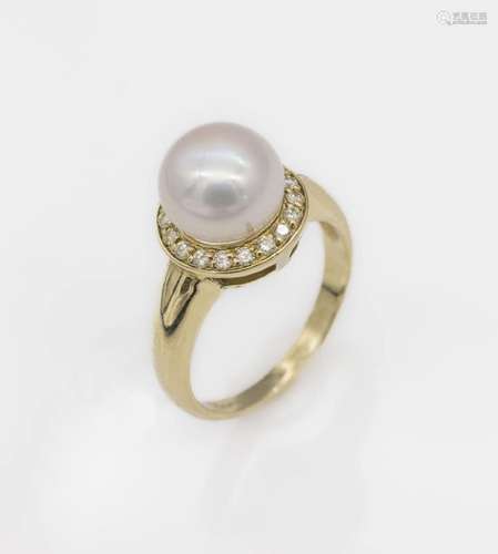 14 kt gold ring with cultured pearl and brilliants