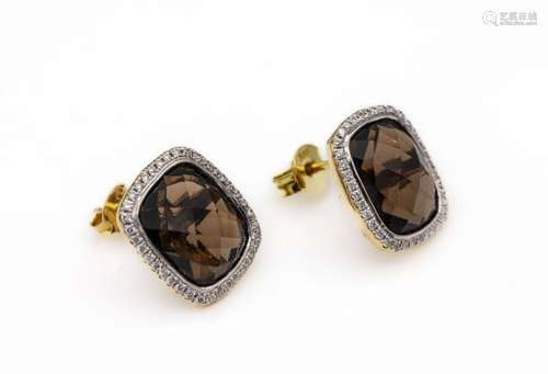 Pair of 14 kt gold earrings with diamonds and smoky quartz