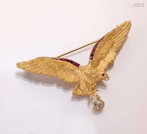 18 kt gold ruby-diamond-brooch  eagle