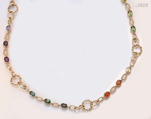 18 kt gold necklace with coloured stones