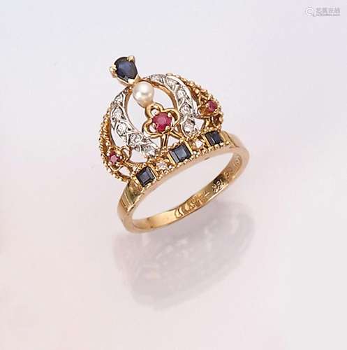 18 kt gold ring  crown  with diamonds and coloured stones