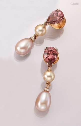 Pair of 18 kt gold earrings with cultured pearls, zircones a...