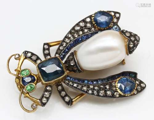 18 kt gold diamond-sapphire-pearls-brooch  bug