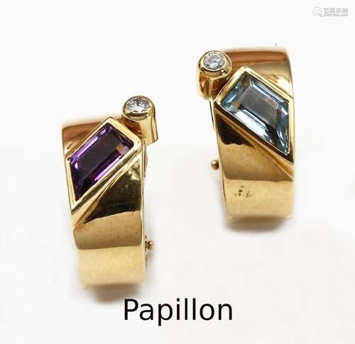 Pair of 18 kt gold ear clips with amethyst, topaz and brilli...