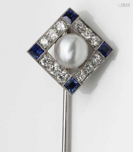 18 kt gold diamond-sapphire-cultured pearl - pin