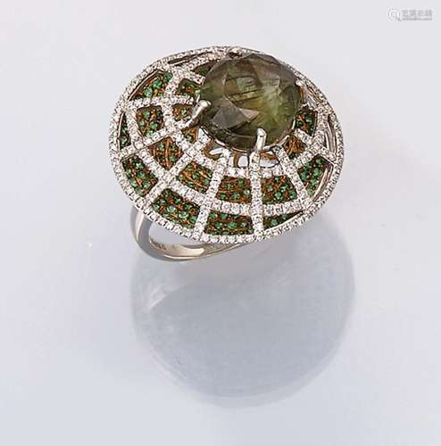 18 kt gold ring with tourmaline, tsavorites and brilliants