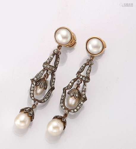 Pair of 18 kt gold diamond-cultured pearl- earrings