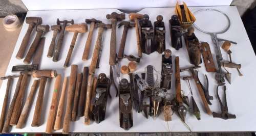 A quantity of Vintage tools, including hammers, mallets, pla...