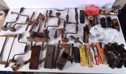 A quantity of Vintage tools, including drills, planes, shank...