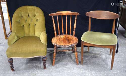 An antique upholstered salon chair, a G plan chair and a ant...