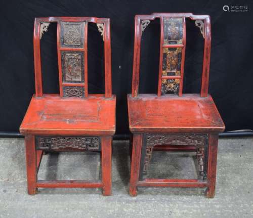 A pair of small 19th Century Chinese chairs with carved cent...