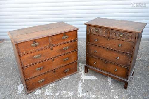 An antique oak five drawer chest together with a smaller oak...