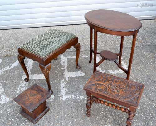 An upholstered stool together with a carved wood country hou...