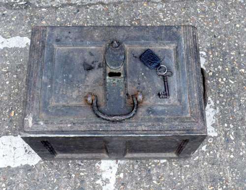 A antique heavy metal strongbox/safe with working lock 30 x ...