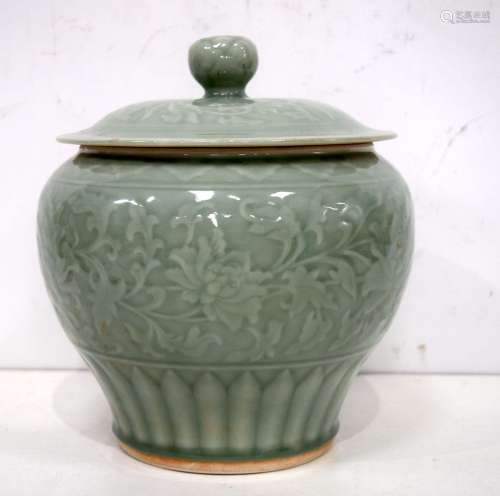 A large Chinese porcelain Celadon jar and cover 27 cm.