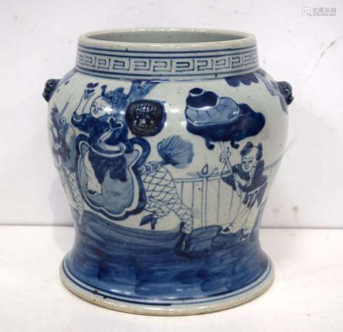 A Chinese porcelain blue and white vase with beast handles d...